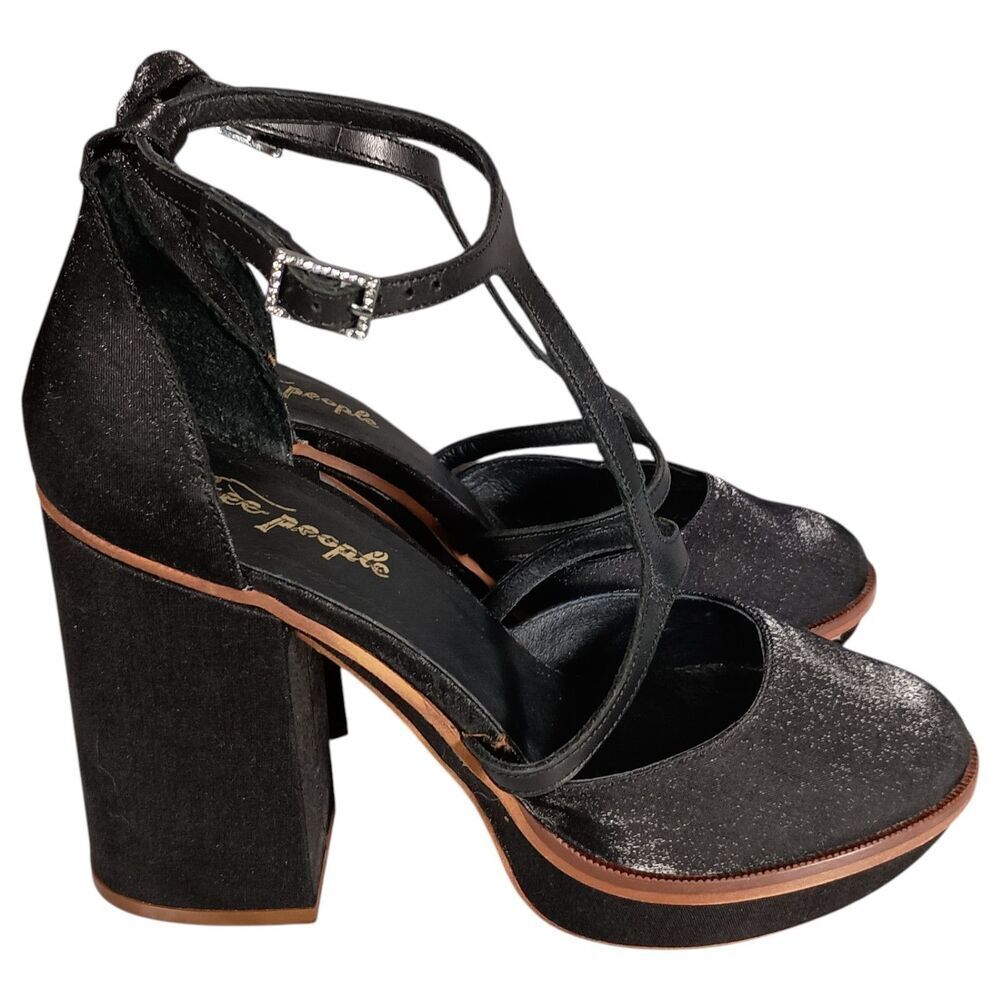 Free People Sandals 9.5 Womens Black Textile Platform Block Ultra High Buckle - Picture 2 of 10
